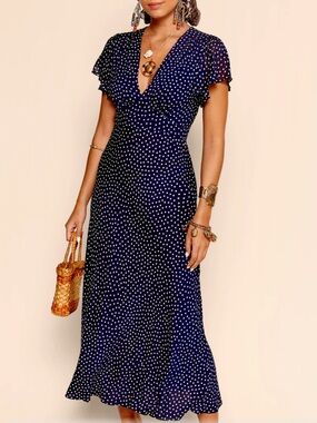 *NWT* RIXO Florida Navy Blue Polka Dot Midi Dress XL/UK 16